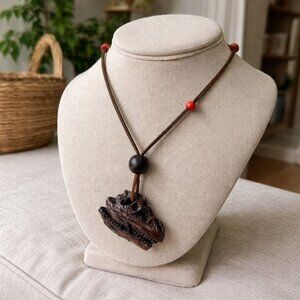 Dinosaur Skull Pendant Necklace With Adjustable Brown Cord & Red Beads